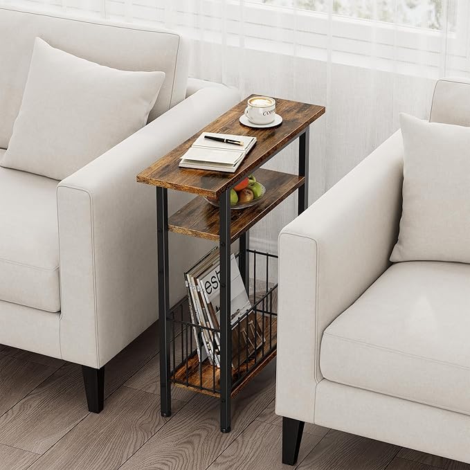 Vagusicc Narrow Side Table, 3-Tier Skinny End Table for Couch Sofa, Small Side Tables for Small Spaces, Bed Side Table with Storage, 25.2" Tall Slim Nightstand for Living Room, Bedroom, Rustic Brown