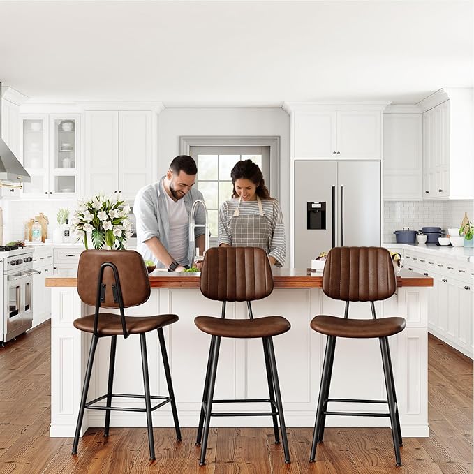 24-Inch Leather Bar Stools, Counter Height Barstools with High Backrest，Bar Chairs for Kitchen Island with Heavy Duty Metal Legs, Dark Brown