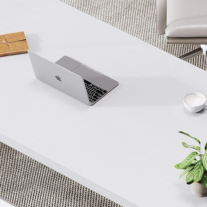 LVB Modern White Computer Desk, Long Industrial Home Office Desk for Student, Large Metal Wood Writing Study Work Desk, Farmhouse Executive Gaming Computer Table for Bedroom Living Room, White, 60 in