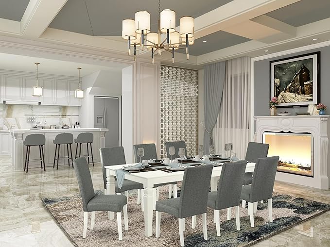 East West Furniture LGDR9-LWH-07 9 Piece Dining Room Set Includes a Rectangle Kitchen Table with Butterfly Leaf and 8 Gray Linen Fabric Parsons Dining Chairs, 42x84 Inch, Linen White
