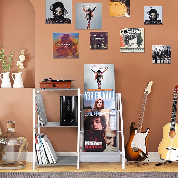 Record Player Stand, 3-Tier Vinyl Record Storage, Turntable Stand with Now Playing Holder, Vinyl Display for Living Room, Grey & White