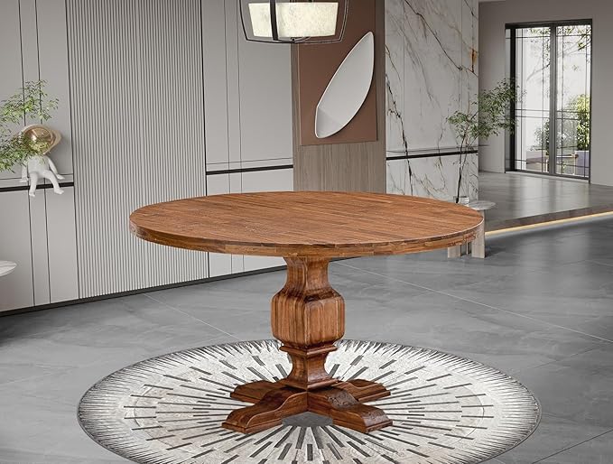 I53-0N-TP Dining Table with Acacia Wood Round Tabletop and Elegant Pedestal Base - Antique Walnut Finish