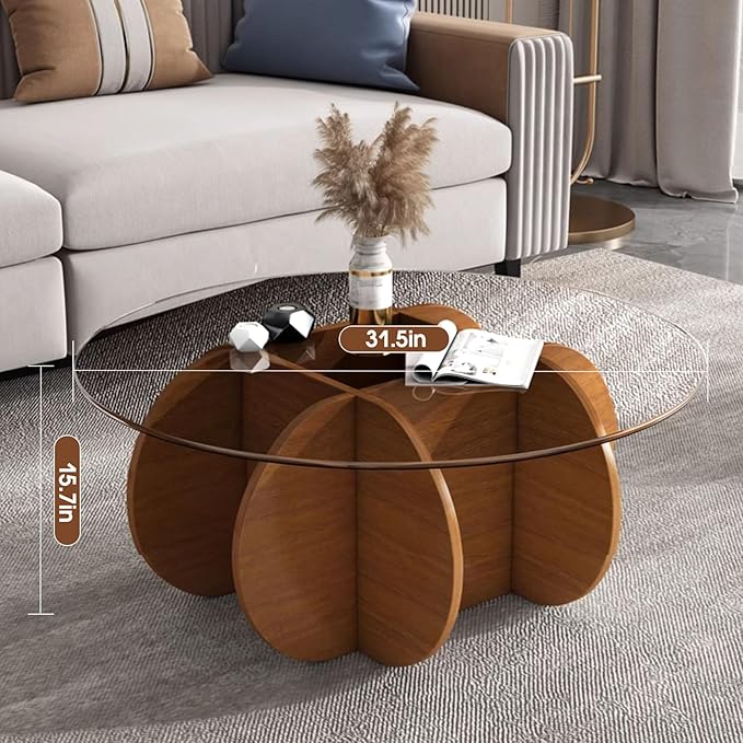 Glass Coffee Tables for Living Room Modern Elegant Round Coffee Table Mid Century Farmhouse Center Table with Solid Wood Frame and Tempered Glass Tabletop, Easy Assembly,31.5''