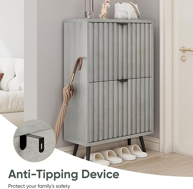 Smuxee Shoe Cabinet with 2 Flip Drawers, 23.6" Grey Hidden Shoe Storage Cabinet with Fluted Design, Freestanding Shoe Organizer Cabinet for Entryway, Hallway, Living Room, Closet