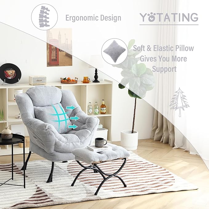 Lazy Chair with Ottoman, Comfy Reading Lounge Chair with Footstool & Throw Pillow Modern with Armrests & Side Pocket for Living Room, Bedroom, Dorm Room, Plush Grey