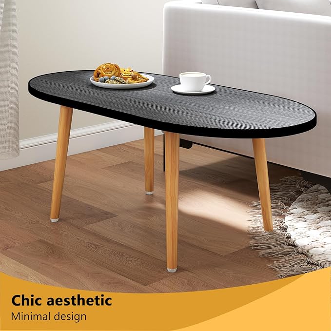 Oval Coffee Table Low Table with 4 Solid Wood Sturdy Legs, Floor Table Desk for Sitting on The Floor, Storage and Living Room Furniture (Black)