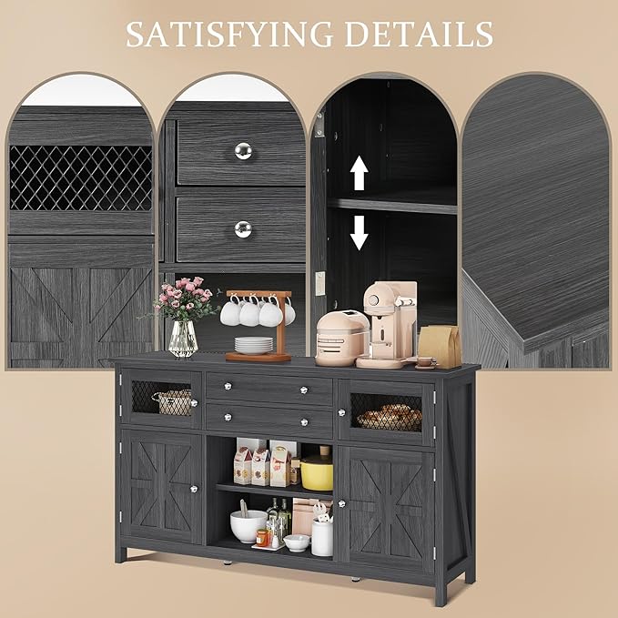 YITAHOME Farmhouse TV Stand for TVs up to 65", 59" Entertainment Center with 2 Large Drawers & Visual Grid Door, Rustic TV Media Console for Living Room, Dark Grey