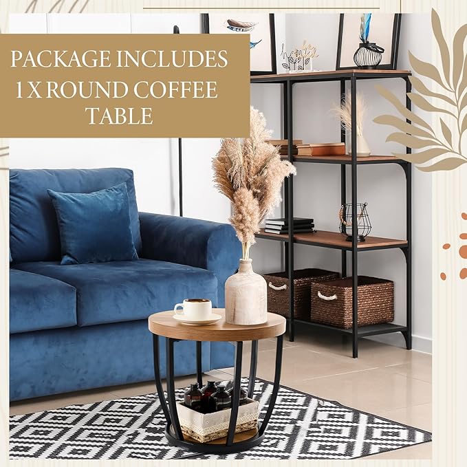 Round Coffee Table, 2-Tier Circle Wood Coffee Table with Storage Shelves, Modern Industrial Wooden Accent Center Sofa Side for Living Room, Home Office(19.7'' Dia X 17.7" H)