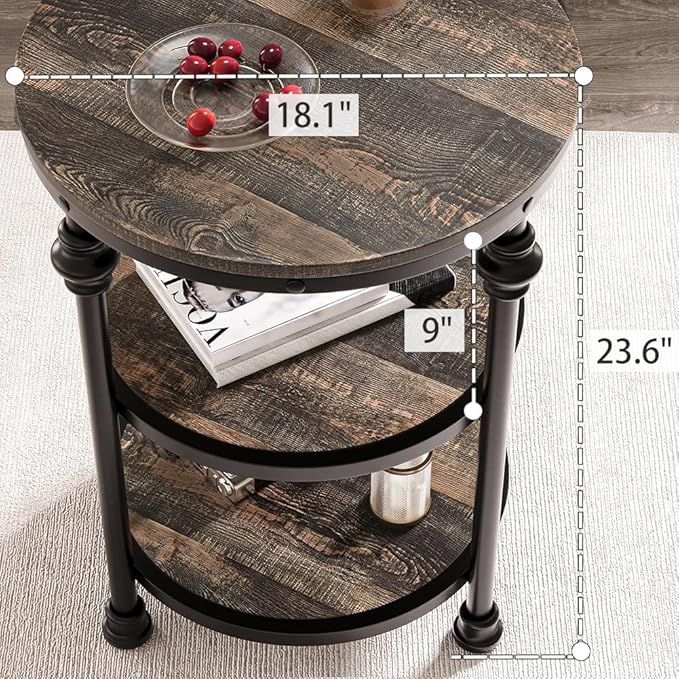 GarveeHome Round End Table with Storage Shelves, 3-Tier Round Farmhouse Side Table w/Mental Support Legs, Rustic End Table Accent Nighstands for Living Room Bedroom (A, Dark Oak)