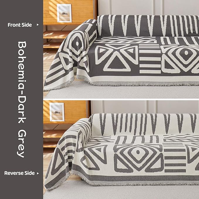 STACYPIK Boho Geometric Dark Grey Chenille Sofa Cover for Dogs - Washable Armchair Slipcover for Living Room, Sectional, 2 Cushion Couch - Jacquard Decor 71x102IN