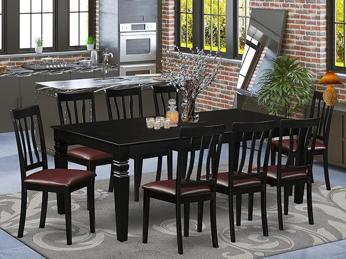 East West Furniture LGAN9-BLK-LC 9 Piece Dining Table Set Includes a Rectangle Dinner Table with Butterfly Leaf and 8 Faux Leather Dining Room Chairs, 42x84 Inch, Black