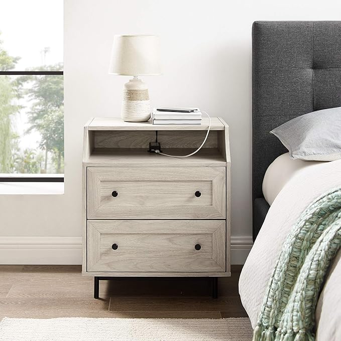 Walker Edison Florence 22 Inch 2 Drawer Open Top Side Table with USB Port - Birch