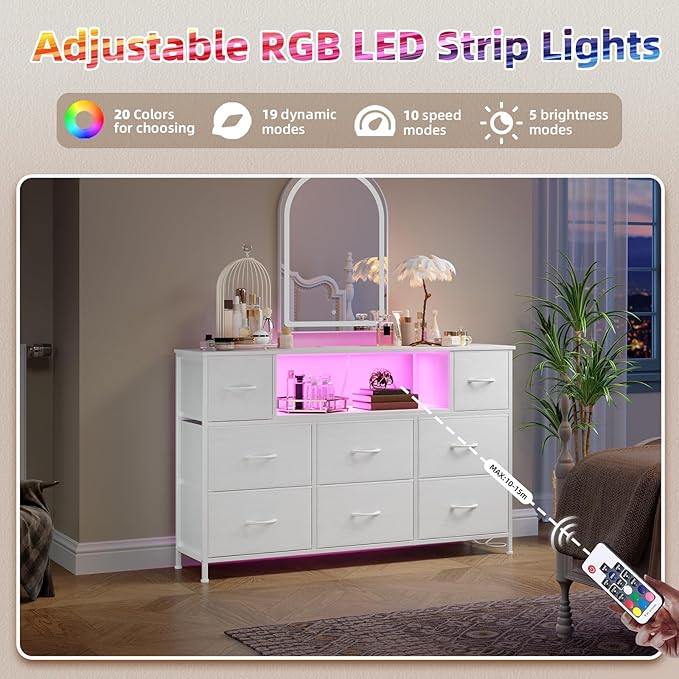 Somdot White TV Stand, Dresser for Bedroom for 55 inch TV with Charging Station and LED Lights, Media Console Table with 8 Drawers, Open Shelf, Adjustable Feet,Living Room Furniture