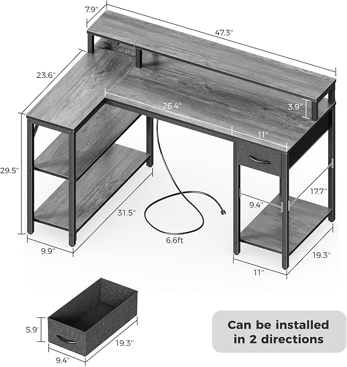 SUPERJARE 47 inch Reversible L Shaped Desk with LED Lights & Power Outlets, Computer Desk with Shelves & Monitor Stand, Gaming Desk with Drawer, Home Office Desk Corner Desk, Grey