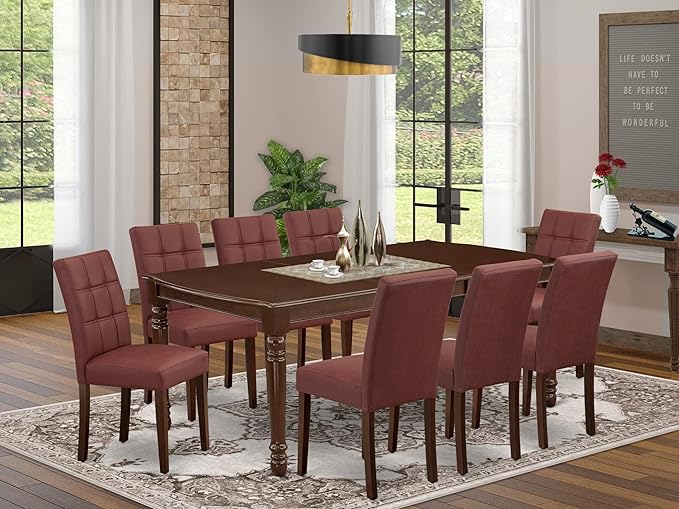 East West Furniture DOAS9-MAH-26 9 Piece Kitchen Table Set Consists A Dinning Table and 8 Burgundy Polyester Fabric Parson Dining Chairs, Mahogany