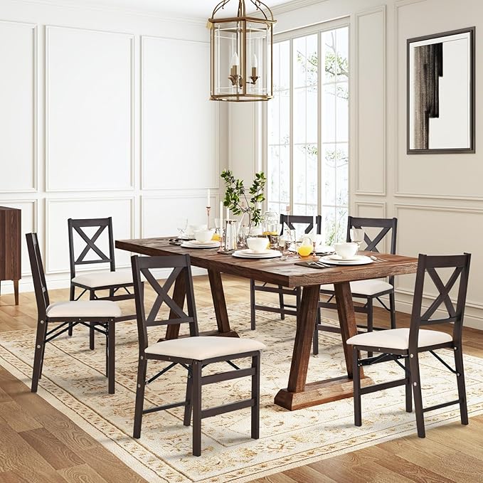 COLAMY Folding Dining Chairs Set of 6 – Beige Upholstered Wooden Dining Room Chairs for Kitchen & Small Spaces, Mid Century Modern Design, Space-Saving, No Assembly Required