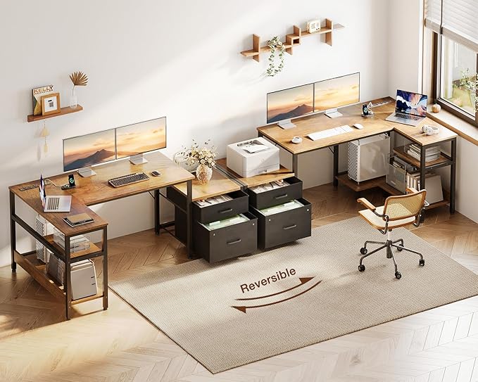 Casaottima L Shaped Desk with Drawers & File Cabinet, Reversible Computer Desk with Storage Shelves & CPU Stand, Corner Desk with Power Outlets, L Desk for Home Office, Rustic Brown