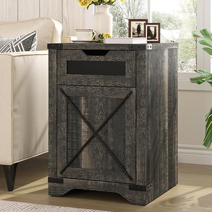 Farmhouse End Table with Charging Station, 26.4" Tall Rustic Nightstand with Drawer and X Barn Door, Country Bedside Sofa Side Table for Living Room, Dark Brown