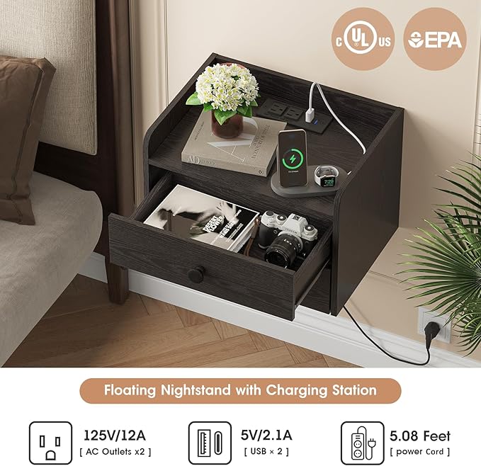 Floating Nightstand Set of 2 with 2 Storage Drawers and Charging Station Wood Wall Mounted Bedside End Table Modern Night Stands Set 2 for Bedroom,Small Space,Black