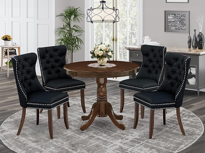 East West Furniture ANDA5-AWA-24 5 Piece Dining Table Set Consists of a Round Kitchen Table with Pedestal and 4 Polyester Fabric Padded Chairs, 36x36 Inch, Antique Walnut