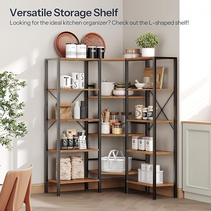 HOOBRO Industrial Corner Bookshelf, 5-Tier L-Shaped Bookcase, Open Display Storage Rack, Floor Standing Storage Shelf, for Living Room, Bedroom, Home Office, Rustic Brown and Black BF68SJ01