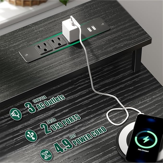 47 Inch Computer Gaming Desk with Power Outlets & LED Lights Reversible Home Office Desk with Adjustable 5 Fabric Storage Drawers for Working Writing Study, Black