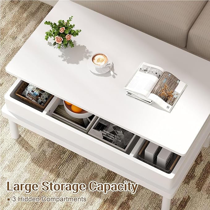 Shintenchi Coffee Table, Lift Top Coffee Table with Hidden Compartment, Rising Tabletop Dining Table, Lift Top Coffee Center Table for for Living Room, Office, Home (White)