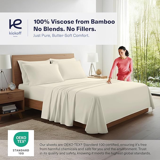 Kickoff Viscose Bamboo Sheets Full Size 4-pc 100% Organic Bamboo Viscose Bed Cooling Sheets Full Size Set Cool Bedding for hot Sleepers Sheet, Flat, Fitted, Pillowcases (Buttercream, F)