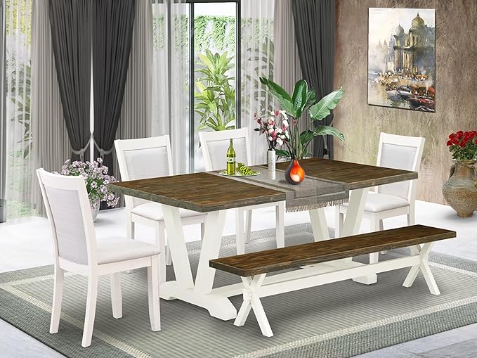 East West Furniture V077MZ001-6 6 Piece Dinette Set Contains a Rectangle Dining Room Table with V-Legs and 4 Cream Linen Fabric Parson Chairs with a Bench, 40x72 Inch, Multi-Color