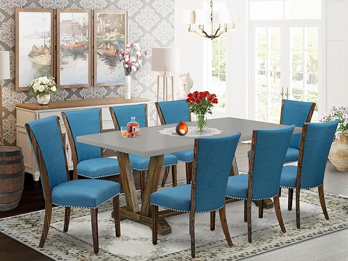 East West Furniture V797VE721-9 9 Piece Dining Table Set Includes a Rectangle Dining Room Table with V-Legs and 8 Blue Color Linen Fabric Parsons Chairs, 40x72 Inch, Multi-Color