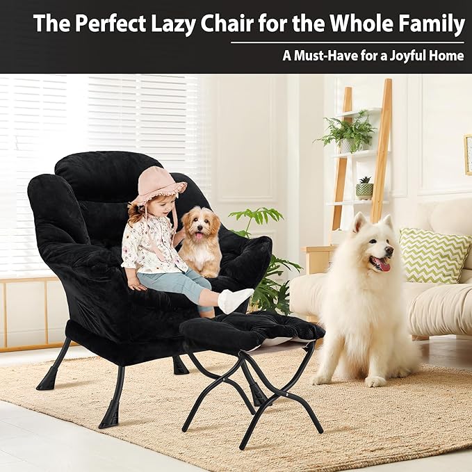 Lazy Chair with Folding Ottoman, Accent Chair Plush Upholstered with Metal Structure and Non-Slip Pads, Sofa Armchair with Footrest and Side Storage Bag for Dorm, Room, Office, Black