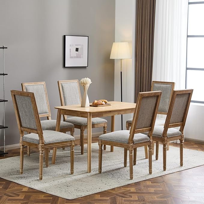 Merax Upholstered Solid Wood Dining Chairs Set of 6, French Country Style Accent Side Seating Furniture for Kitchen, Living Room, Cushioned Back, Grayish Green