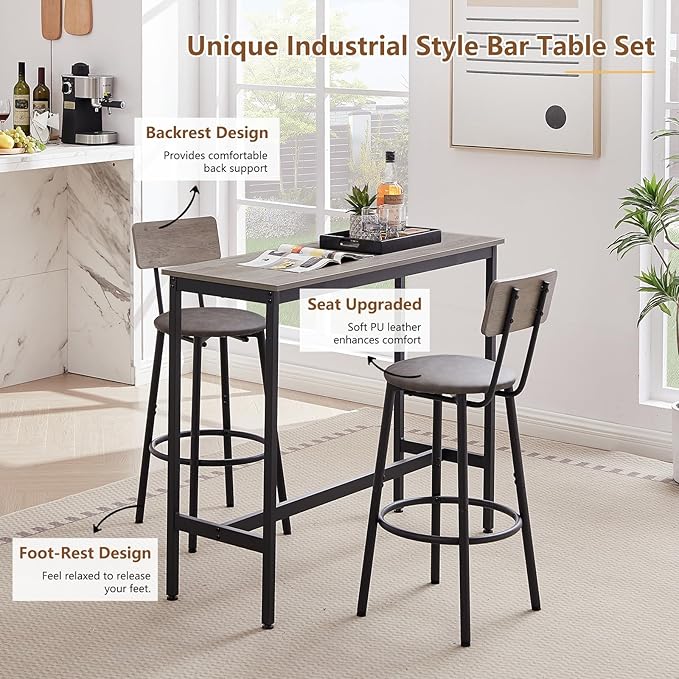 Tatub Bar Table with Stools Set of 2, Industrial 3 Piece Counter Height Small Dining Sofa Table and Chairs Set of 2, Gray