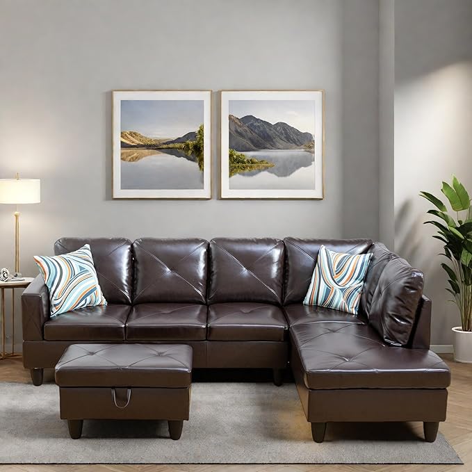 L Shaped Sectional Couches, Modern Modular Sectional Sofa for Living Room Bedroom Furniture, Cozy 4 Seat Couch with Ottoman Storage & Chaise, Brown