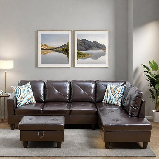 L Shaped Sectional Couches, Modern Modular Sectional Sofa for Living Room Bedroom Furniture, Cozy 4 Seat Couch with Ottoman Storage & Chaise, Brown