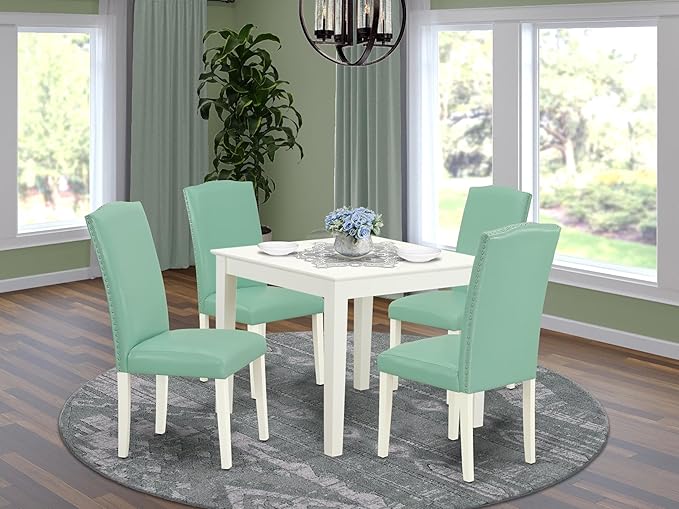 East West Furniture OXEN5-LWH-57 5 Piece Kitchen Table & Chairs Set Includes a Square Dining Room Table and 4 Pond Faux Leather Parsons Dining Chairs, 36x36 Inch, Linen White