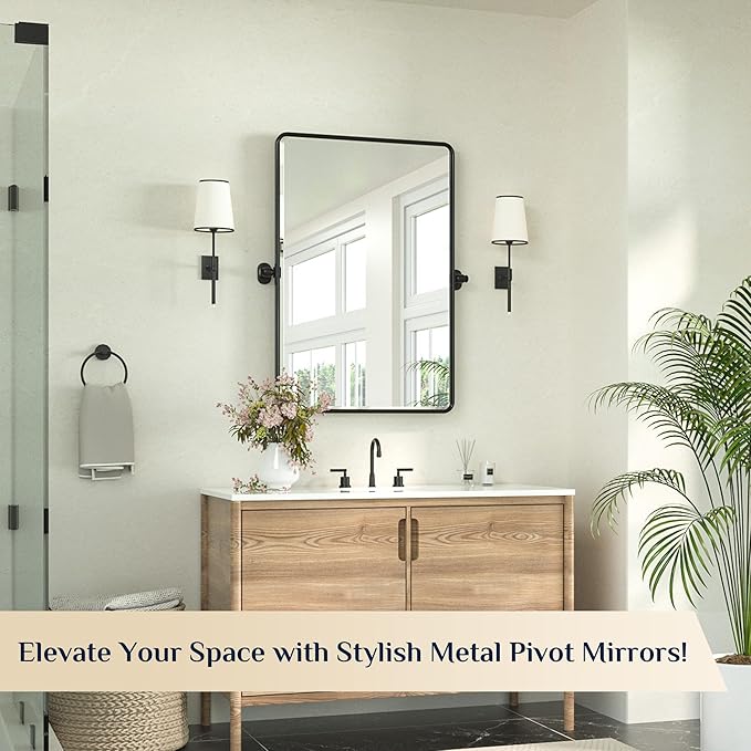 Keonjinn 24 x 36 Inch Pivot Mirror Bathroom, Black Tilt Mirror Bathroom for Wall, Matte Black Beveled Pivot Rectangle Mirrors for Over Sink, Farmhouse Metal Framed Vanity Mirrors, Horizontal/Vertical