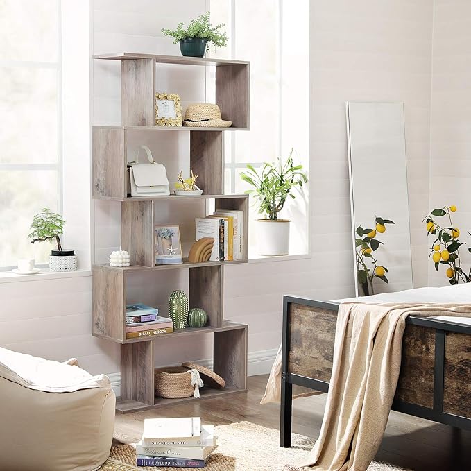 VASAGLE Wooden Bookcase, Display Shelf and Room Divider, Freestanding Decorative Storage Shelving, 5-Tier Bookshelf, Greige ULBC062M01 9.4D x 27.6W x 62.6H in