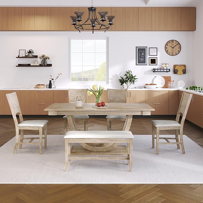 Ball & Cast 6 Piece Dining Table Set with 4 Upholstered Chairs & 1 Bench,Wooden Living Room Furniture for 6 W/ 59.1" Rectangle Kitchen Desk,for Restaurant,Home Bistro,Natural Wood