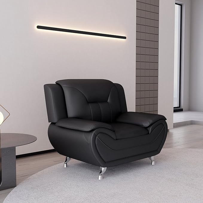 Container Furniture Direct Michael Modern Faux Leather Upholstered Stainless Steel Legs Living Room Sofa, Chair, Midnight Black