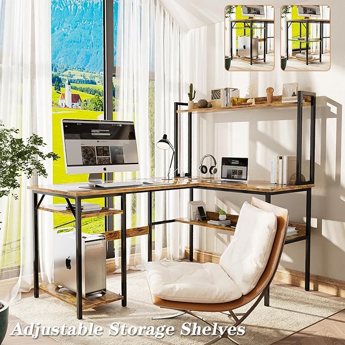 L Shaped Computer Desk with Hutch and Storage Shelves, Gaming Desk with LED Lights, Reversible L-Shaped Desk with Power Outlets, Home Office Desk, Corner Desk, Rustic Brown