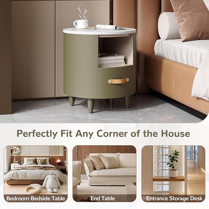 Merax Round Nightstand with Storage Drawer, MDF Contemporary Modern Bedside Table with Open Storage Shelf, Curved Design Sofa End Table for Bedroom & Living Room, Easy Assembly, Green