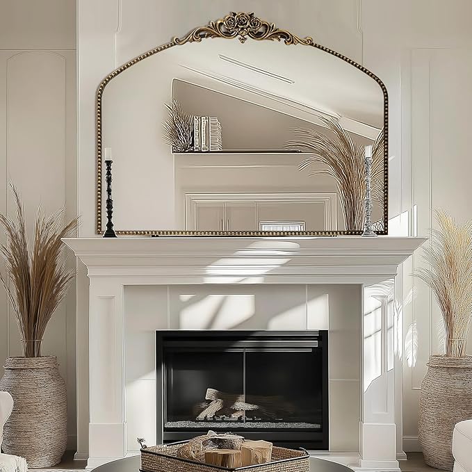 AIXI HOME Black Arched Mirror, 40" x 30" Traditional Vintage Antique Mantel Mirror with Ornate Metal Frame, Baroque Wall Mounted Mirror for Entryway/Fireplace/Hallway/Bathroom/Living Room/Bedroom