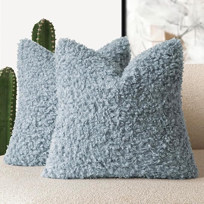 Foindtower 2 Pieces 18x18 Inch Misty Blue,Faux Fur Throw Pillow Cover Accent Sherpa Furry Pillow Covers Fuzzy Soft Pillowcases Cozy Sheepskin Decorative Fleece Cushion Case for Bed Couch Living Room