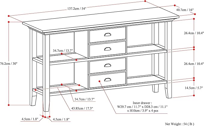 SIMPLIHOME Redmond Console Table - 54 Inch Wide Solid Wood Sofa Table in Rustic Natural Aged Brown, Transitional Storage Table for Entryway or Living Room with 4 Drawers and 4 Open Shelves