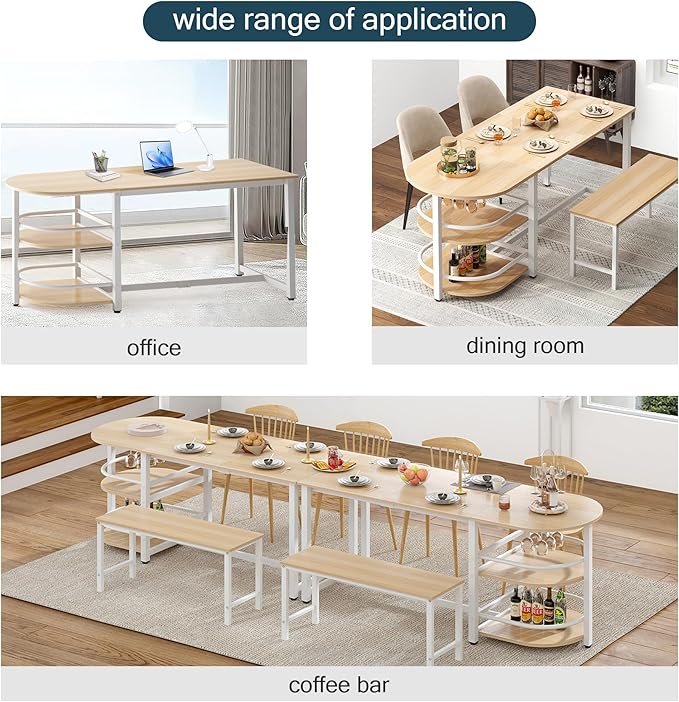 soges Dining Table for 4-6 Person, 71 inch Long Kitchen Dining Table for Living Room and Dining Room, Dinner Table with Storage Shelf & Cup Holder, Metal Legs(Only Table), Millennium Oak