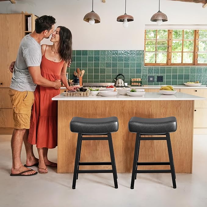 Counter Height Bar Stools Set of 3, 24 Inch Backless BarStools for Kitchen Island Leather Saddle Bar Chairs Kitchen Stools with 4" Thick Seats & Heavy Duty Metal Base, Black