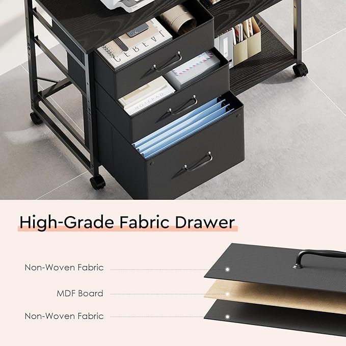 3 Drawer File Cabinet with Wheels Rolling Printer Stand with Open Storage Shelf Fabric Lateral Filing Cabinet for Home Office,Black