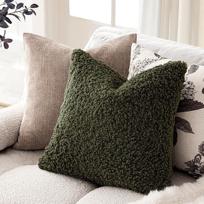 Foindtower 2 Pieces 24x24 Inch Olive Green, Faux Fur Throw Pillow Cover Accent Sherpa Furry Pillow Covers Fuzzy Soft Pillowcases Cozy Sheepskin Decorative Fleece Cushion Case for Bed Couch Living Room
