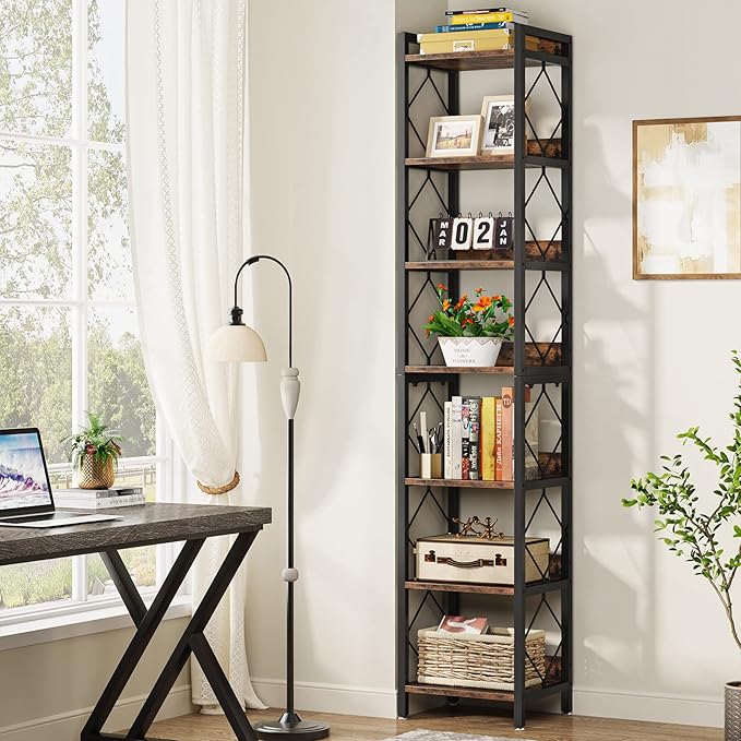 Tribesigns 78.7 Inch Extra Tall Narrow Bookshelf, 7-Tier Skinny Bookcase for Small Spaces, Freestanding Display Shelves, Multifunctional Corner Storage Organizer for Home Office, Rustic Brown